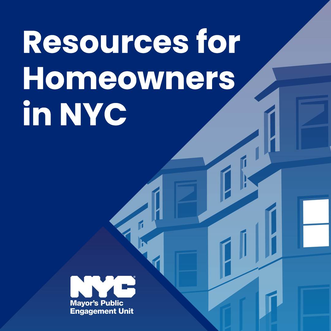 Blue illustration of nyc apartment buildings. Text reads: 'Resources for Homeowners in NYC'